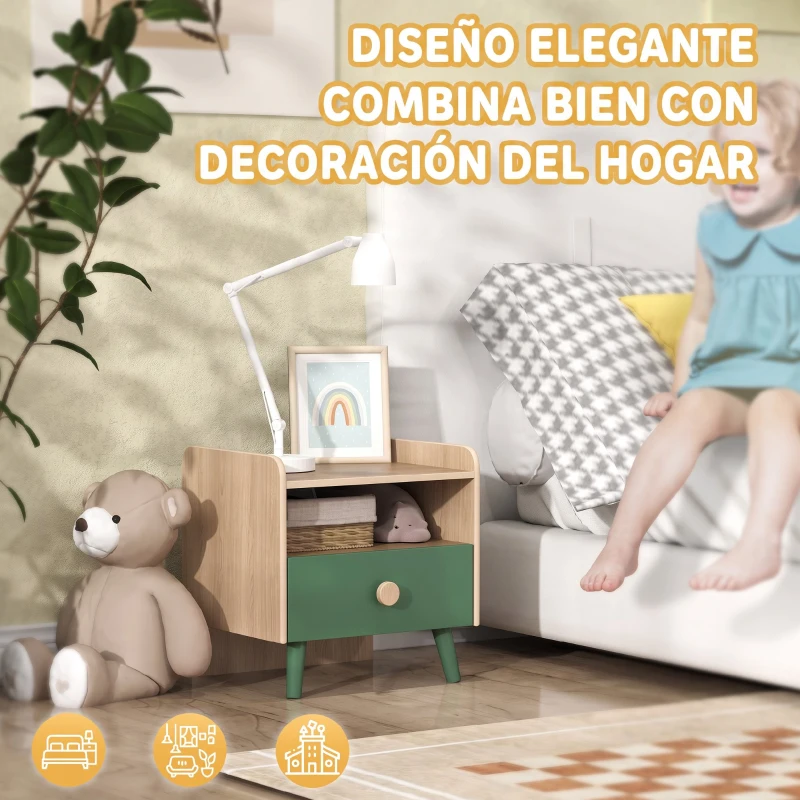 AIYAPLAY Mesita de Noche para Niños de 3 a 10 Años con Cajón y Bordes Redondeados para Dormitorio Roble y Verde