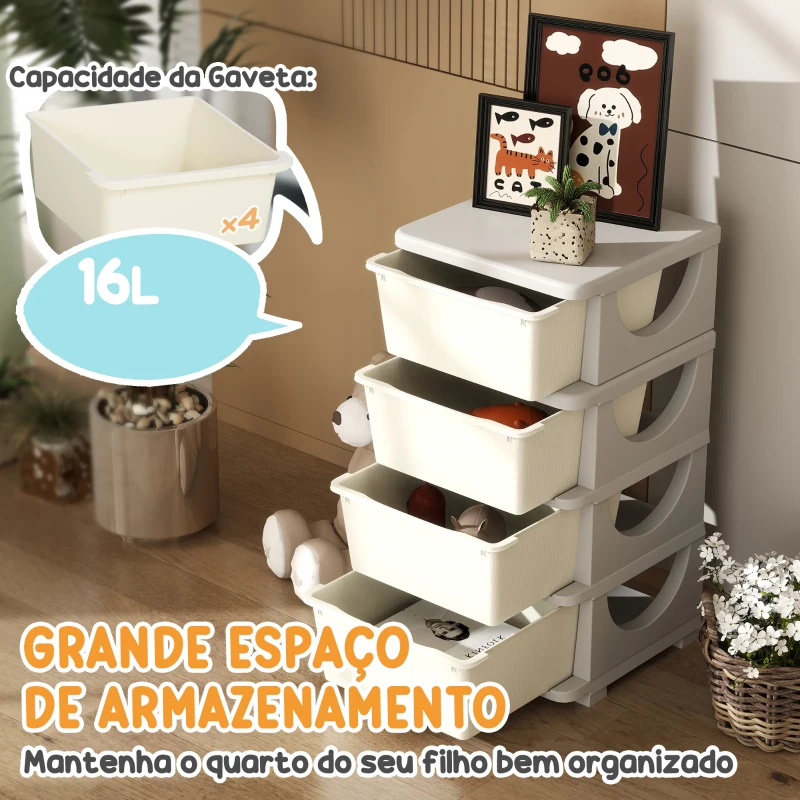 HOMCOM Organizador de Brinquedos com 4 Gavetas Torre de Arrumação para Crianças +3 Anos Cantos Arredondados e Pegas 37x37x76 cm Creme