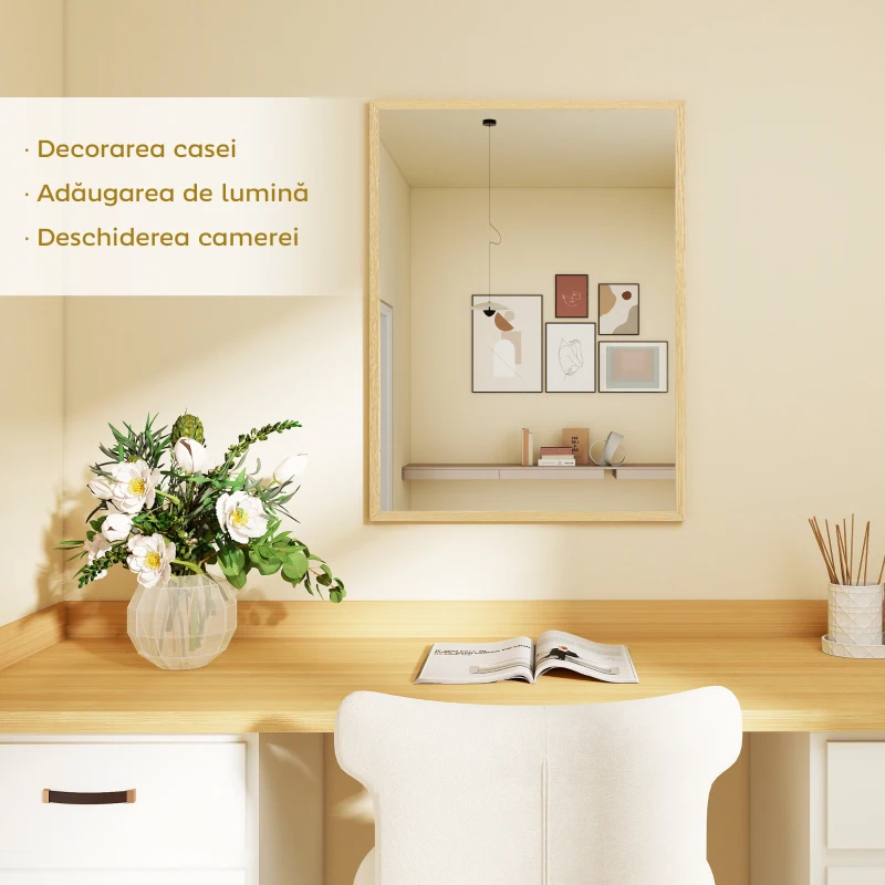 HOMCOM Oglindă de perete dreptunghiulară cu cârlige, din sticlă și MDF, 60x80 cm, finisaj lemn