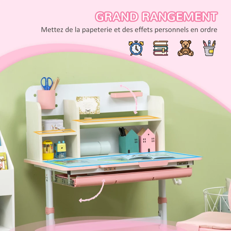 HOMCOM Ensemble bureau et chaise pour enfants hauteur réglable et plateau inclinable 0-60° table 80 x 52 x 88-109 cm rose