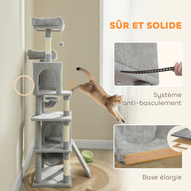 PawHut Arbre à chat tour de jeux pour chat 3 platesformes 2 niches 2 lits 2 hamacs 1 échelle hauteur 177 cm gris clair