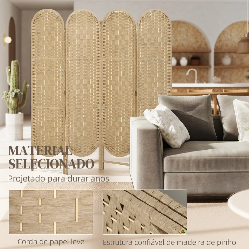HOMCOM Biombo Separador de 4 Painéis 160x170 cm Painel de Privacidade Dobrável Boémio com Topo Arqueado Entrançado à Mão Madeira