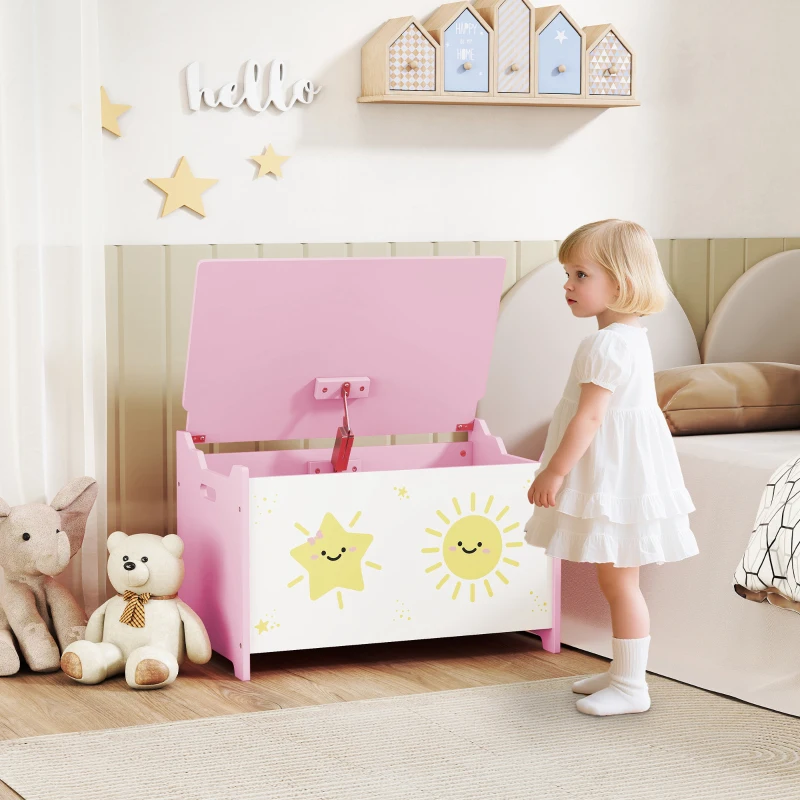 AIYAPLAY Coffre à jouets avec couvercle, coffre de rangement enfant avec charnières de sécurité, 60 x 37 x 39 cm, rose