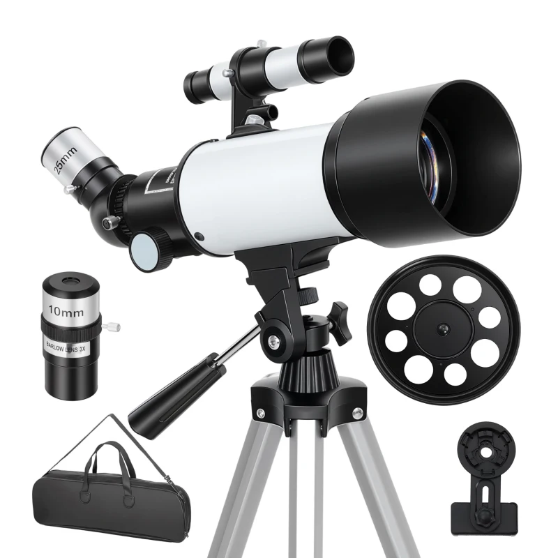 Outsunny Télescope Astronomique pour Adultes et Débutants 70 mm, 2 Oculaire 40X/16X, Trépied Réglable, 80 x 80 x 135 cm, Blanc
