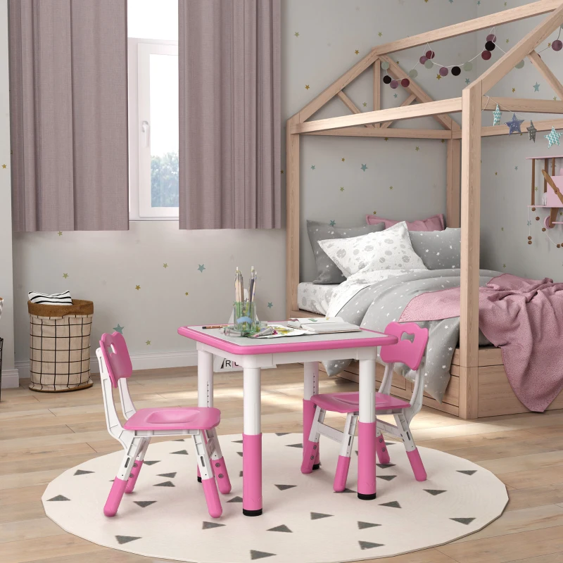 AIYAPLAY Height Adjustable Toddler Table and Chair Set, 3-Piece Children Activity Table w/ 2 Chairs for Playroom, Bedroom - Pink