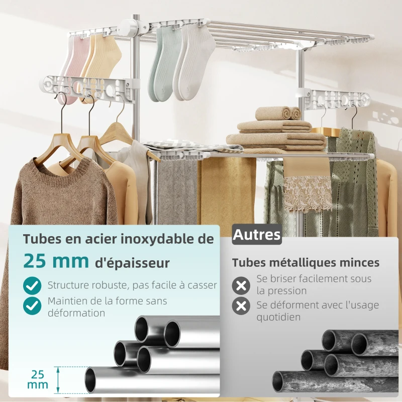 HOMCOM Étendoir à Linge 4 Niveaux, Sechoir a Linge avec 6 Roulettes, Pliable, Cadre en Acier Inoxydable et Ailes Latérales, pour Intérieur Extérieur, 142 x 55 x 172 cm, Blanc