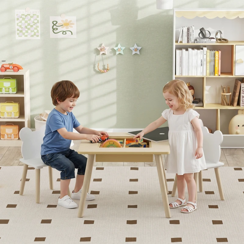 AIYAPLAY Ensemble 1 table et 2 chaise 3 pièces pour enfants avec plateau réversible espace de rangement bois naturel