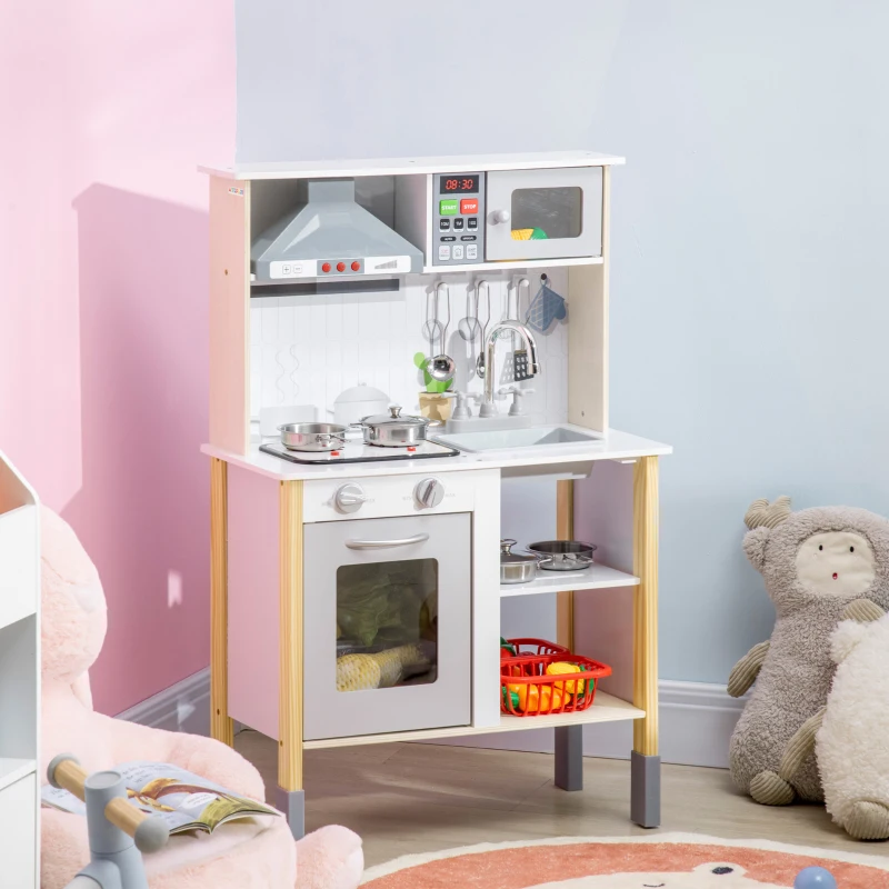 HOMCOM Cucina Giocattolo per Bambini con Altezza Regolabile, Suoni, Luci e Utensili, in MDF e PP, 60x30.5x93.2 cm