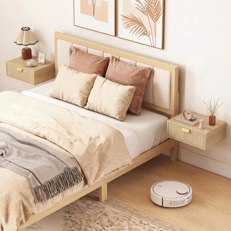 HOMCOM Modern Floating Nightstands Set of 2, Wall Mounted Bedside Tables with Wave Drawer Oak