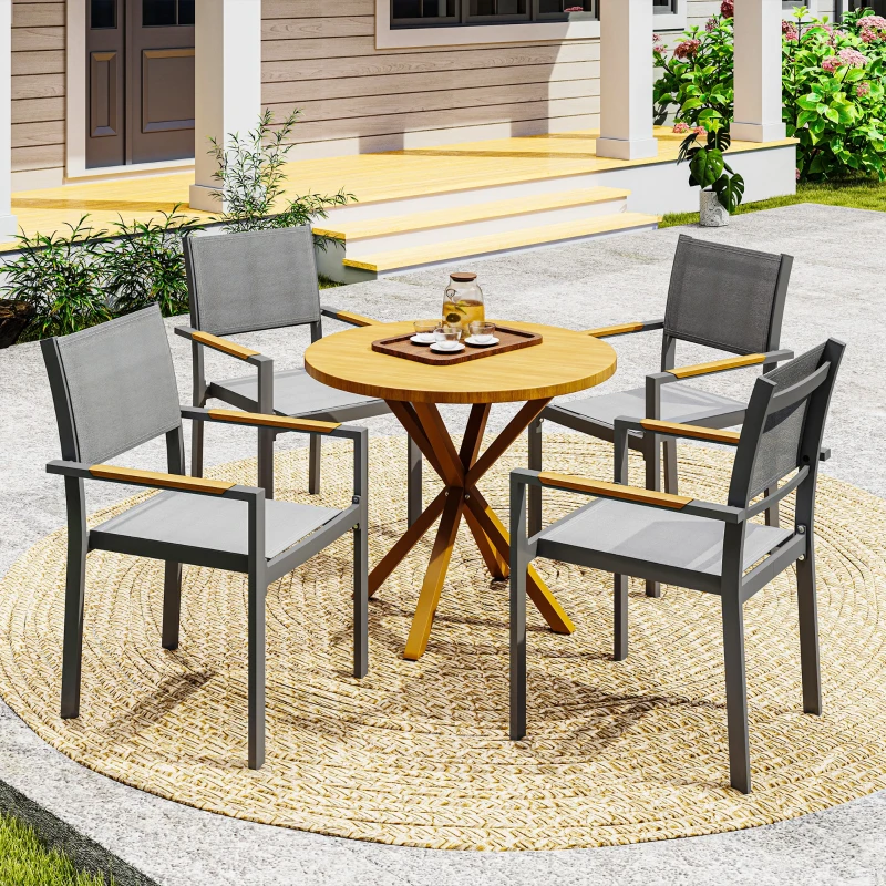 Outsunny Lot de 4 chaises de jardin, chaises de salle à manger avec accoudoirs effet bois cadre en aluminium, gris clair