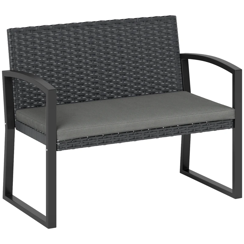 Outsunny Banc de jardin 2 places, banc d'extérieur en résine tressée PE avec coussin, acier galvanisé, 103x58x78cm, gris et noir