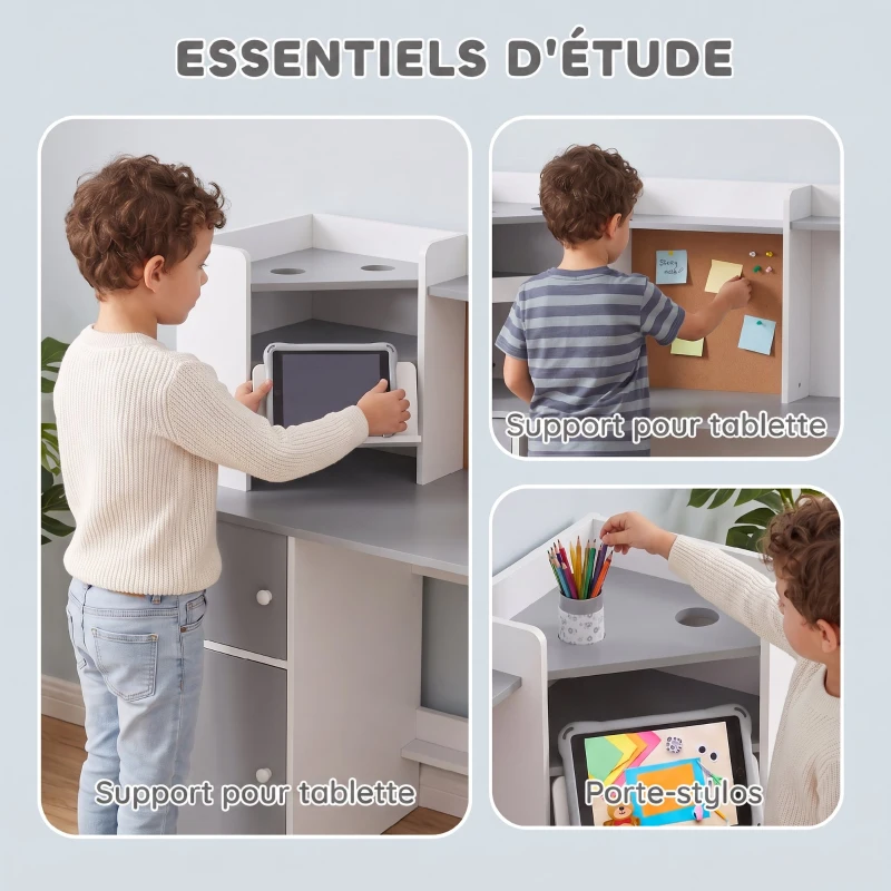 AIYAPLAY Bureau Enfant avec Chaise, Table d'Étude, Support de Tablette Réglable, Porte-Stylos, Panneau en Liège, 5-12 ans, Gris