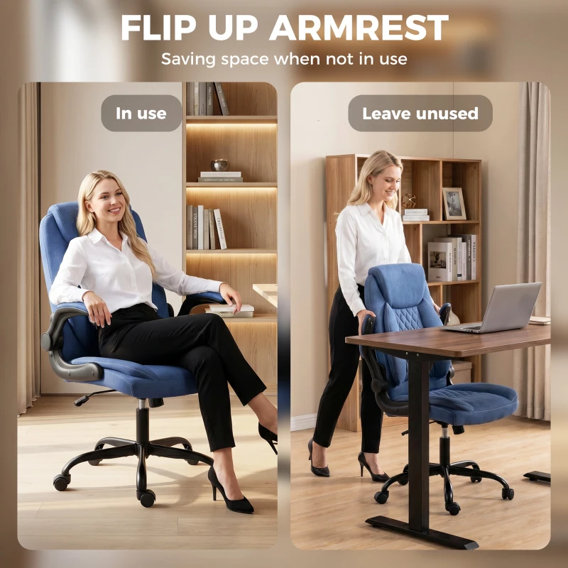 HOMCOM Linen-Look Computer Desk Chair, Executive Office Chair with Flip-Up Armrests and Thick Cushion, Blue