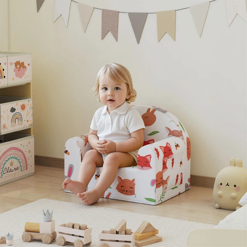 AIYAPLAY Sofá para Crianças com Estampa de Raposas com Capa Removível e Lavável Bolso Lateral Apoio de Braços 54x40x43 cm Branco