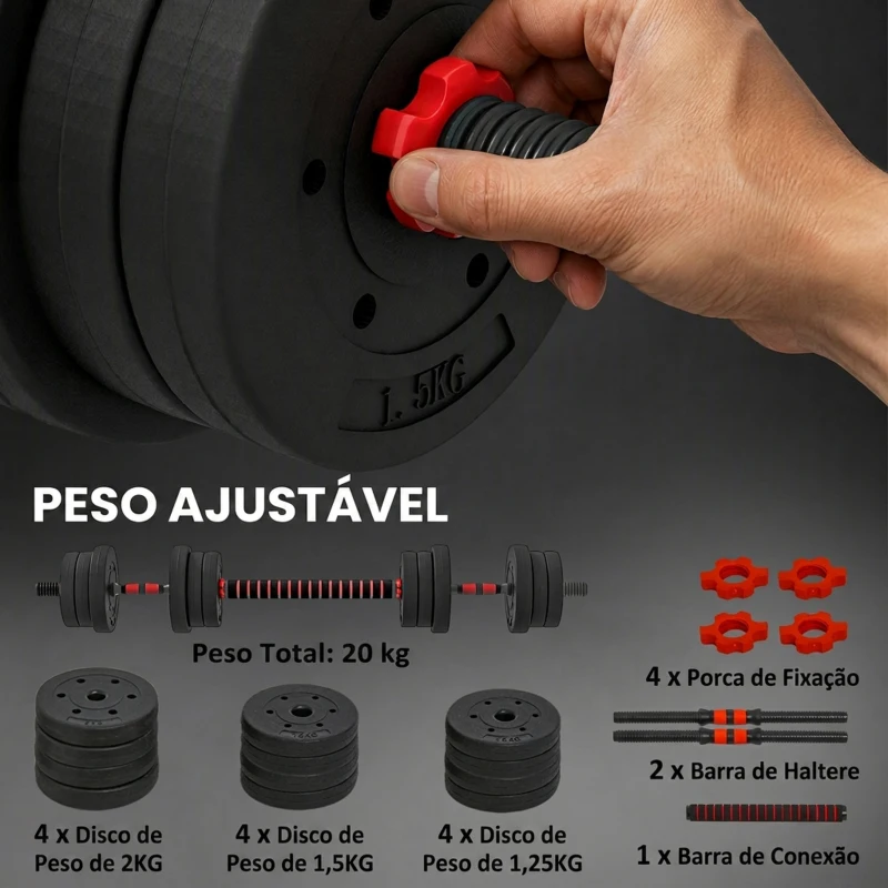 HOMCOM Conjunto de Halteres de 20 kg 2 em 1 com Barras de Conexão e Barra de Extensão Treinamento de Força e Levantamento de Pesos Preto