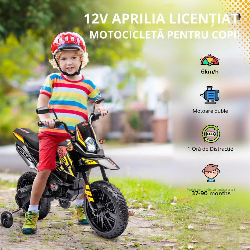 AIYAPLAY Motocicletă Electrică pentru Copii 3-8 Ani, 2 Motoare 12V, Roți Ajutătoare Detașabile, 30 kg, Galben