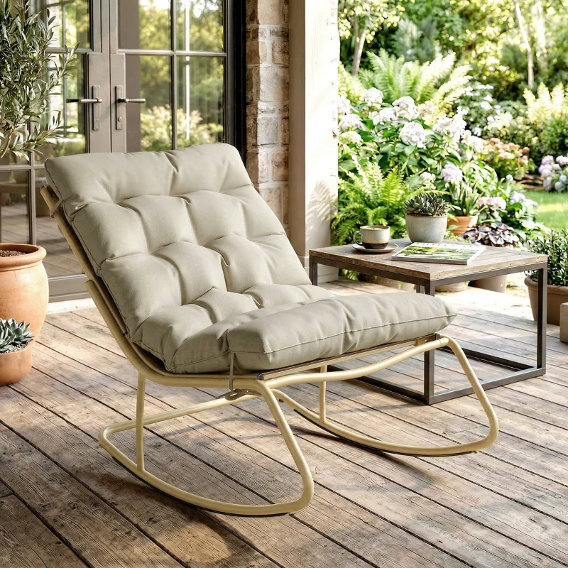 Outsunny Fauteuil à Bascule Extérieur Coussin Moelleux 125cm Large 64cm en Acier et Textilène Beige et Doré
