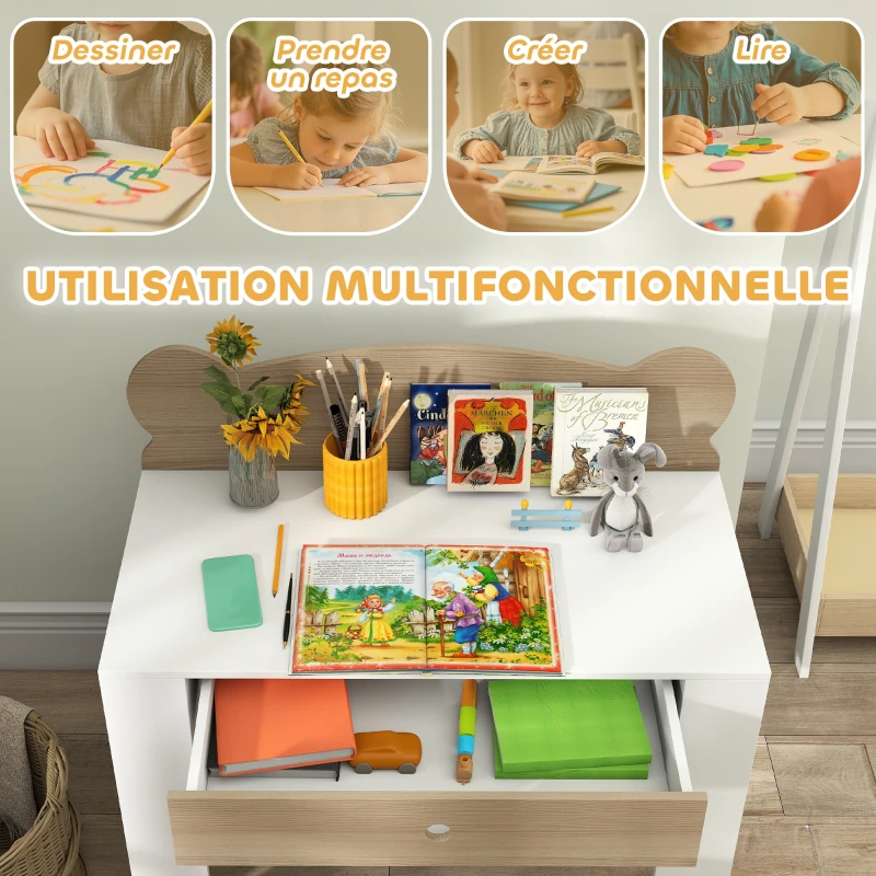 AIYAPLAY Bureau enfant avec chaise, table enfant et chaise avec tiroir et large plateau, 80 x 41 x 74,5 cm, bois naturel