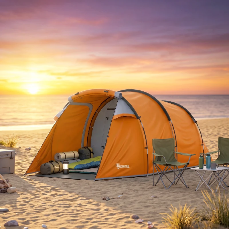Outsunny Tunnelzelt für 2 Personen, Campingzelt mit Vorraum Lampenhaken 2000mm Wassersäule Orange