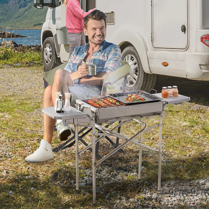 Outsunny Holzkohlegrill Grill BBQ Standgrill Holzkohle Kohlegrill Gartengrill, Edelstahl, Silber, 104 x 30 x 68 cm