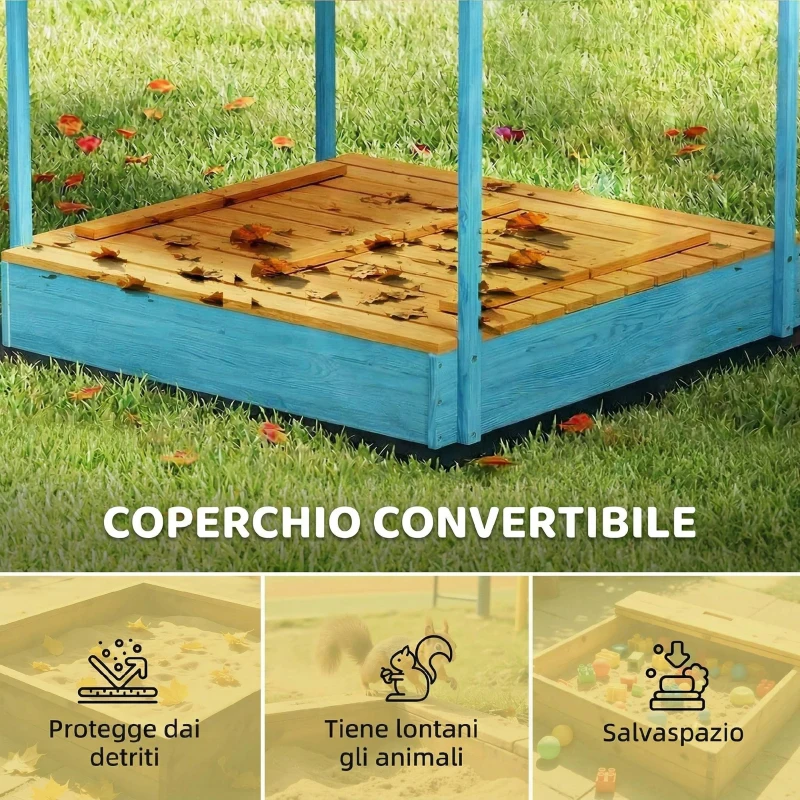 AIYAPLAY Sabbiera per Bambini 3-6 Anni con Tettuccio Dinosauri, Sedute Pieghevoli, Coperchio e Fodera Inclusa, Sabbionaia per Bambini in Legno di Abete, 134.5x127.5x130 cm, Blu