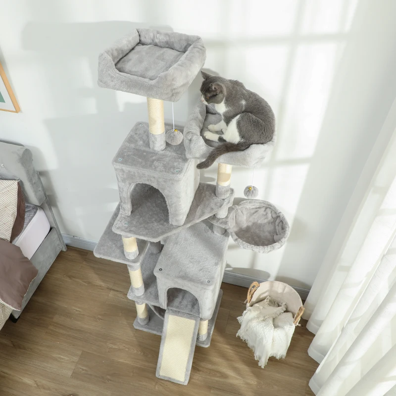 PawHut Arbre à chat tour de jeux pour chat 3 platesformes 2 niches 2 lits 2 hamacs 1 échelle hauteur 177 cm gris clair