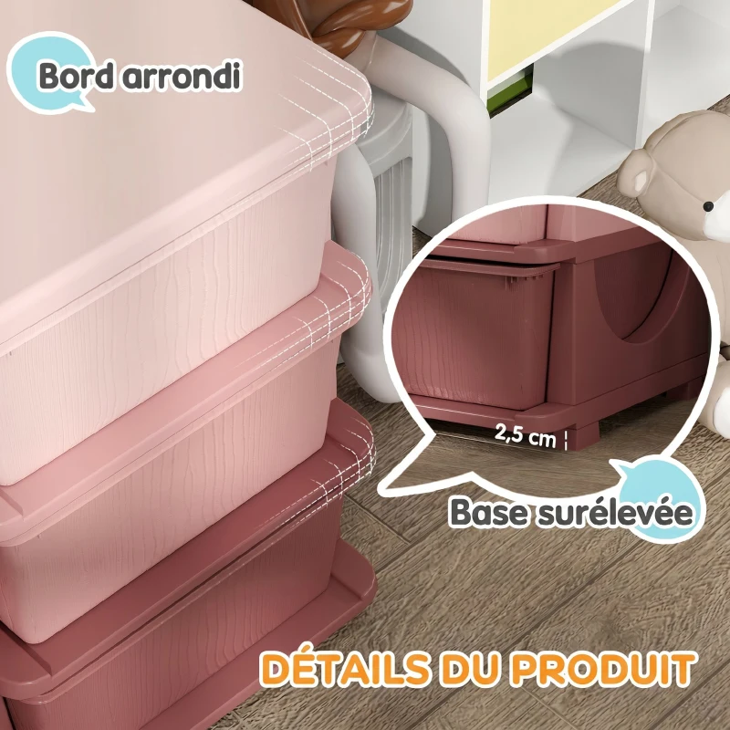 HOMCOM Organisateur de jouets pour enfants avec tiroirs à 3 niveaux, boîtes de rangement en plastique, 37 x 37 x 56,5 cm, rose