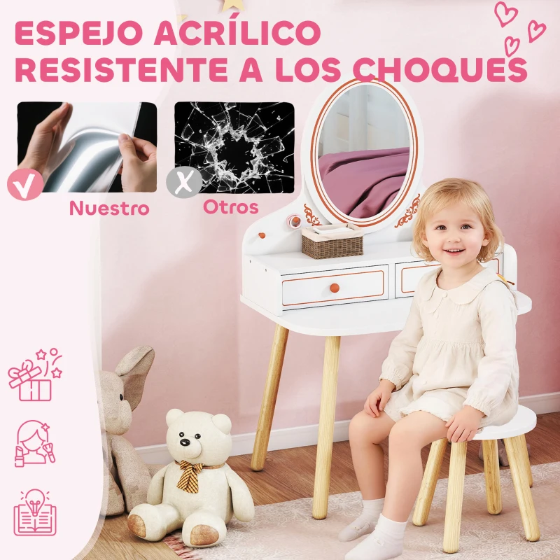 AIYAPLAY Tocador de Maquillaje Niña Tocador Infantil con Taburete y Espejo 2 Cajones y Barras Colgantes 3 a 8 Años Blanco
