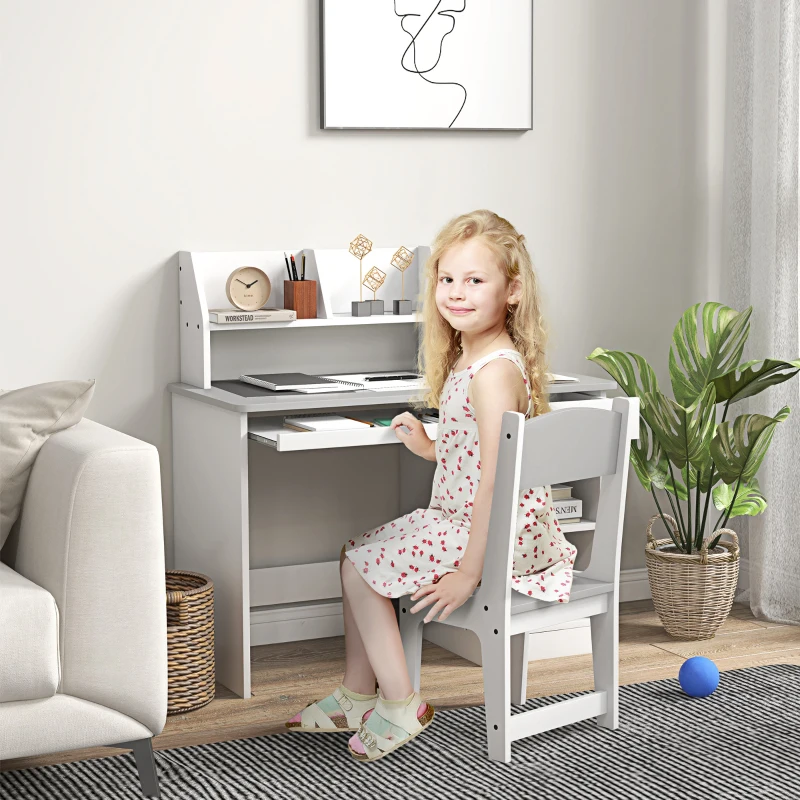 ZONEKIZ Bureau enfant avec chaise ergonomique avec clavier coulissant tiroir niches et étagères ouvertes 90 x 45 x 90 cm gris