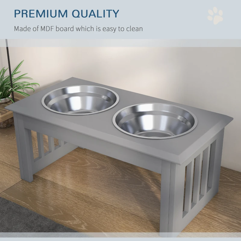 PawHut Raised Dog Feeding Bowls with Stand, Stainless Steel for Medium Dog, 58L x 31W x 25H cm - Grey