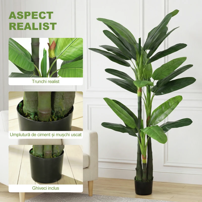 HOMCOM Arbore de Bananier Artificial, Plantă Artificială cu 18 Frunze, 180 cm, Verde