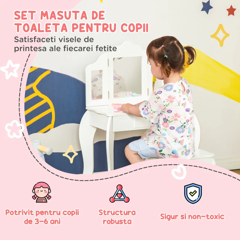HOMCOM Masă de Toaletă pentru Copii cu Scaun și Oglindă Triplă, din Lemn și Acrilic, 63x40x85,5 cm, Albă
