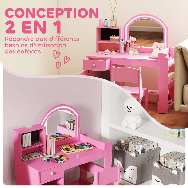 AIYAPLAY Coiffeuse pour enfants avec tabouret et miroir LED, table de maquillage pour 3 à 8 ans, 88,6 x 38,8 x 96,9 cm, rose
