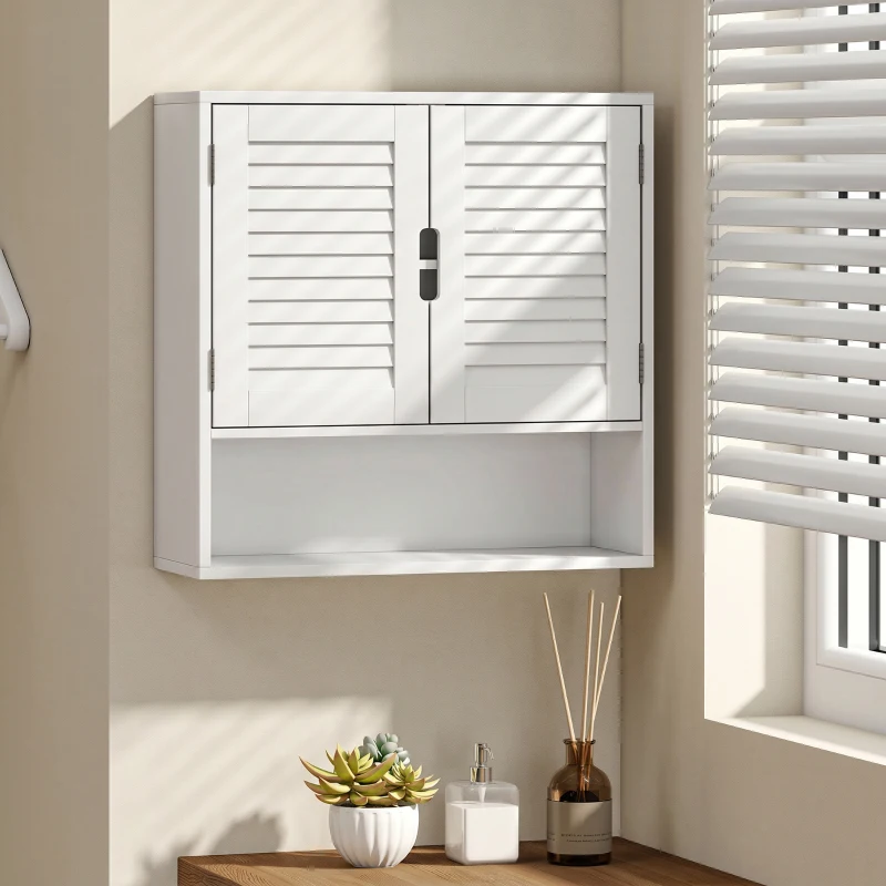 HOMCOM Armario mural de baño con puerta de lamas, estante ajustable y compartimento abierto, 60x20x60cm, blanco