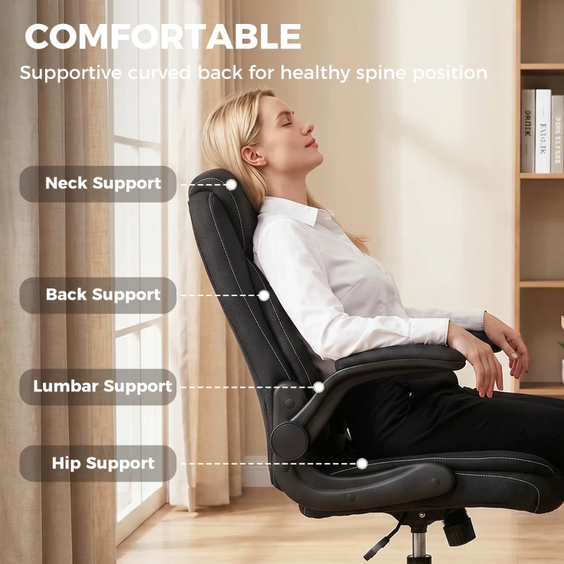HOMCOM Linen-Look Computer Desk Chair, Executive Office Chair with Flip-Up Armrests and Thick Cushion, Black