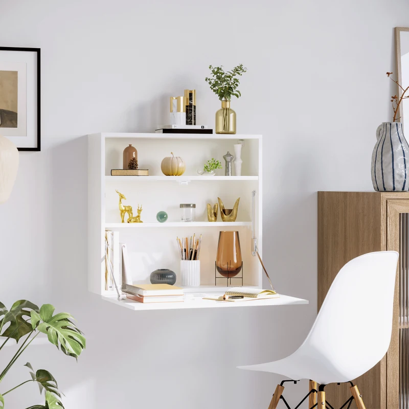 HOMCOM Bureau suspendu bureau mural avec tablette rabattable et 3 compartiments - 64 x 20 x 60 cm - blanc