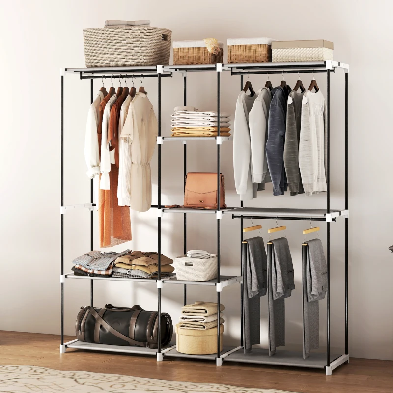 HOMCOM Portable Wardrobe, Open Clothes Wardrobe with 8 Shelves, 3 Hanging Rails, Light Grey