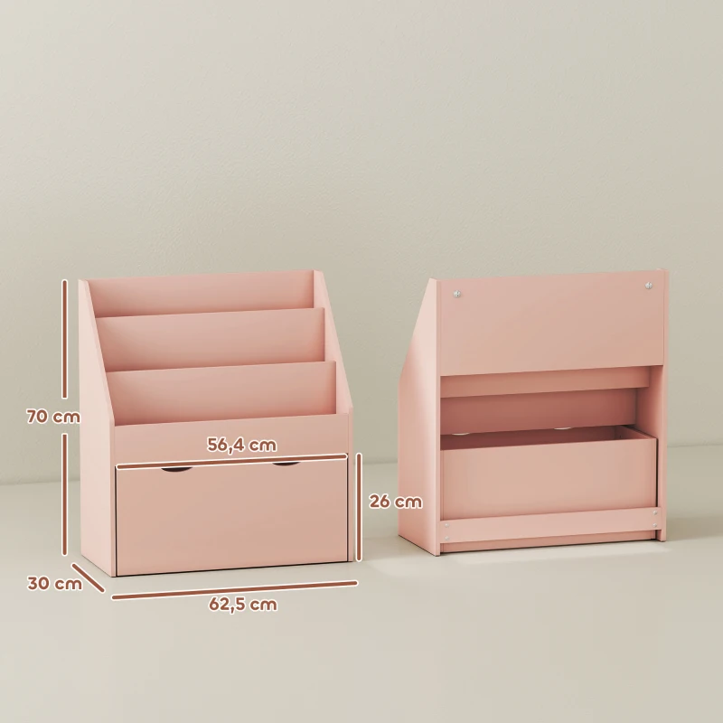 AIYAPLAY Librería Infantil de 4 Niveles Estantería para Libros Infantil con 3 Estantes y 1 Cajón con Ruedas 62,5x30x70 cm Rosa