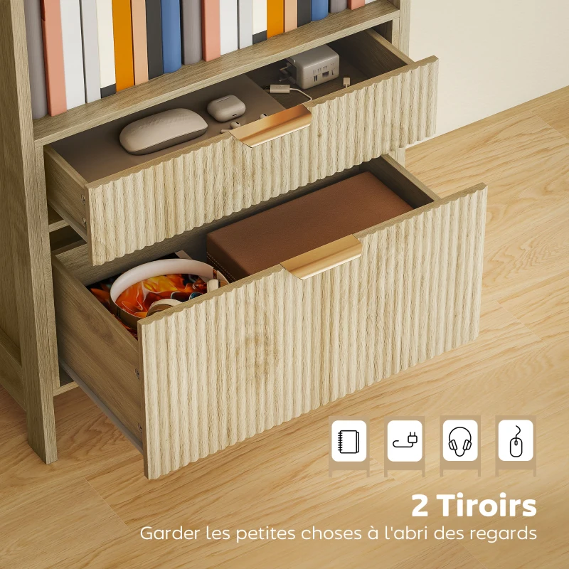 HOMCOM Bibliothèque haute, meuble de rangement avec 4 étagères ouvertes et 2 tiroirs cannelés, 60 x 30 x 160 cm, bois naturel