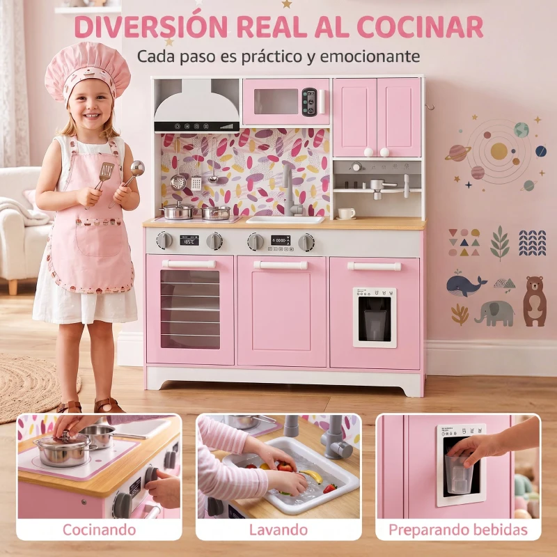 AIYAPLAY Cocina de Juguete de Madera con Accesorios de Acero Inoxidable Cafetera Máquina de Hielo Fregadero Fogones Rosa