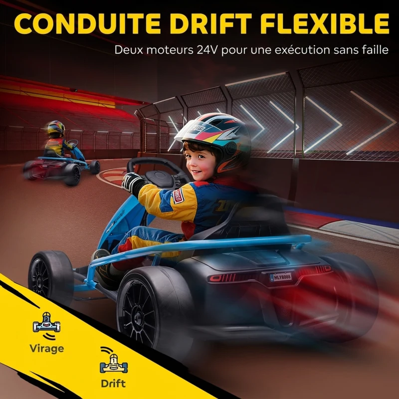 HOMCOM Kart Électrique pour Enfants 24 V, Go Kart avec Mode Drift, 2 Moteurs, Démarrage Progressif, 2 Vitesses 6-13 km/h, Bleu(m-5)