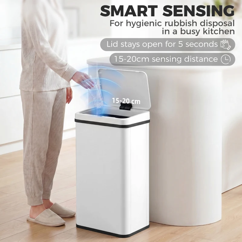 HOMCOM 50L Sensor Bin with Soft-Close Lid, Stainless Steel Automatic Touchless Motion Sensor Kitchen Bin, White