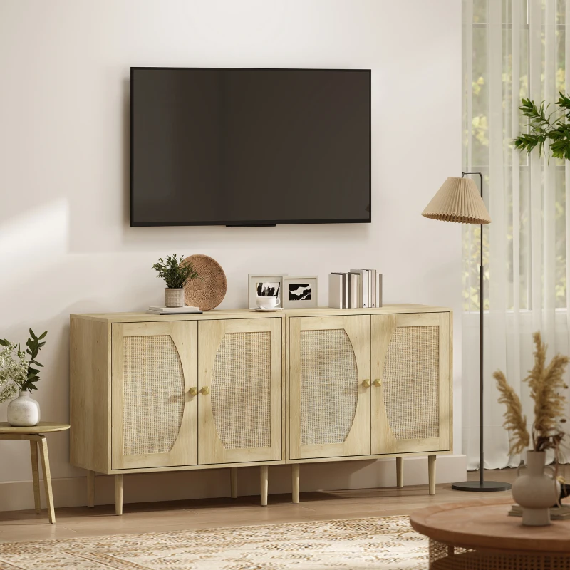 HOMCOM Buffet de cuisine meuble de rangement double portes avec 2 niveaux, façade en cannage 80 x 38 x 79 cm effet bois naturel