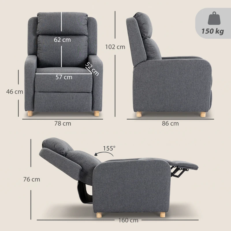 HOMCOM Sillón Relax Reclinable Manual Tapizado en Lino Instalación Rápida Reposapiés Acolchado Grueso y Patas de Madera Gris