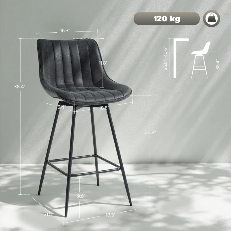 HOMCOM Lot de 2 tabourets de bar, 68 cm, pivotants, avec dossier pour îlot de cuisine, salle à manger, Noir