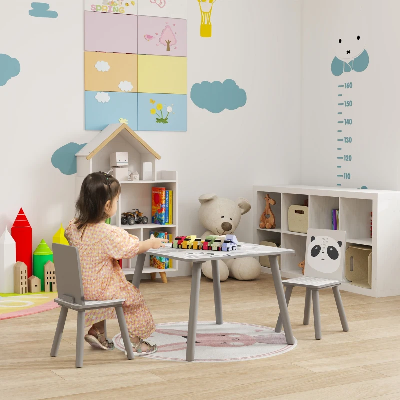 ZONEKIZ Set Tavolino e 2 Sedie per Bambini 3-8 Anni in MDF e Legno di Pino, Grigio