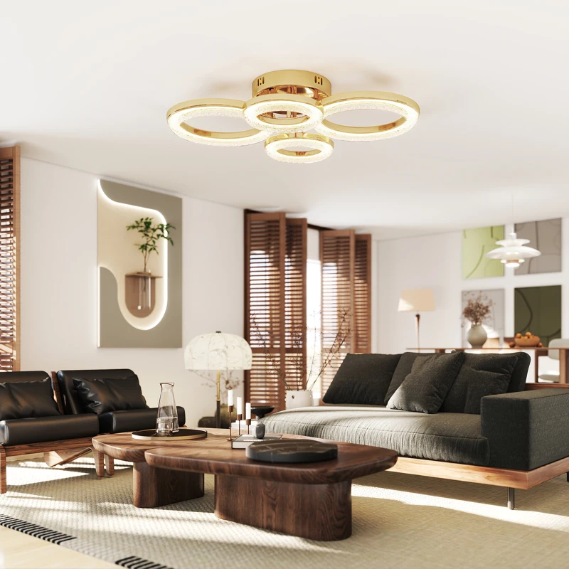 HOMCOM 4-Ring LED Ceiling Light, Flush Mount Ceiling Light with 3 Colour Temperatures, Gold Tone