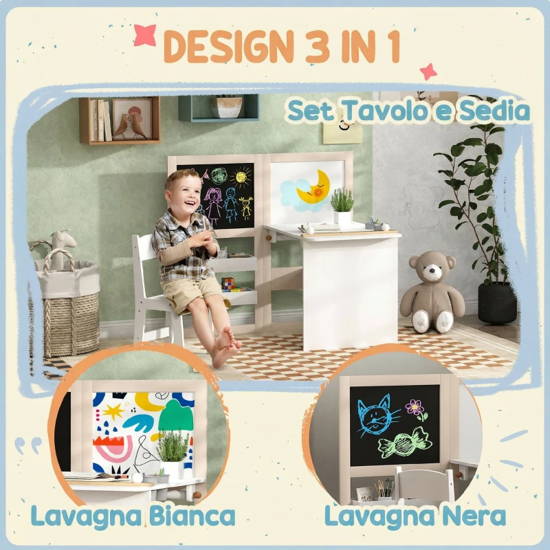 AIYAPLAY Set Tavolo e Sedia per Bambini 3-8 Anni con Lavagna Nera, Lavagna Bianca, Contenitori e Rotolo di Carta, Bianco