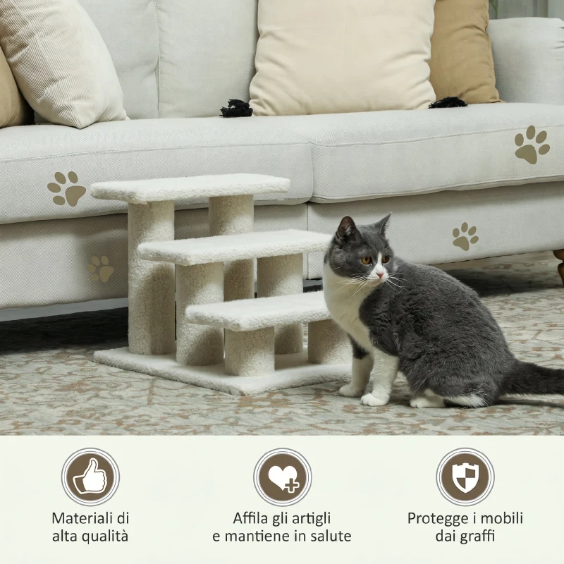 PawHut Scaletta per Cani e Gatti a 3 Gradini con Rivestimento in Peluche, 45x35x34 cm, Beige