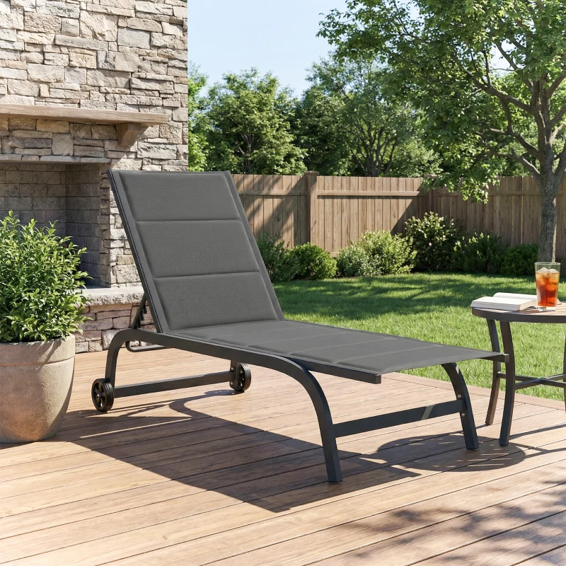 Outsunny Bain de Soleil en Aluminium, Dossier Réglable 6 Positions avec Roues, Rembourrage Intégré, 62x165x94cm, Gris Foncé
